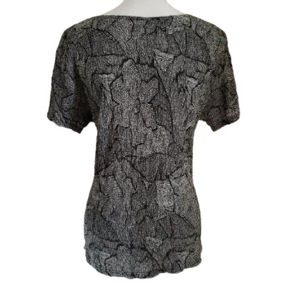 Jaclyn Smith Blouse Black White Floral Stretchy Wavy Bottom Short Sleeves Size L - Picture 3 of 12